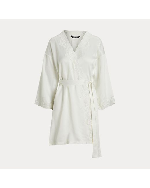 Ralph Lauren White Lace-Trim Satin Robe
