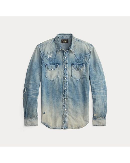 Ralph Lauren Blue Slim Fit Repaired Denim Western Shirt for men