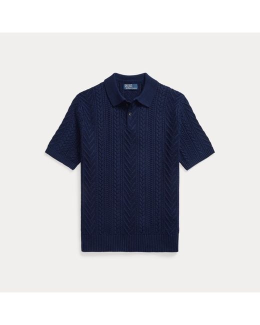 Polo Ralph Lauren Blue Aran-Knit Cotton Polo-Collar Sweater for men