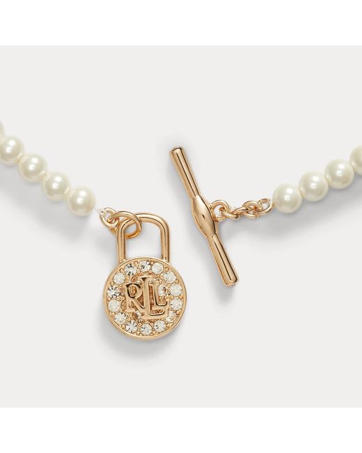 Ralph Lauren Metallic Faux-Pearl Logo Pendant Necklace