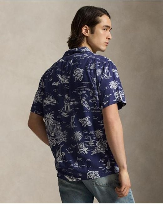 Ralph Lauren Blue Classic Fit Polo Bear Camp Shirt for men