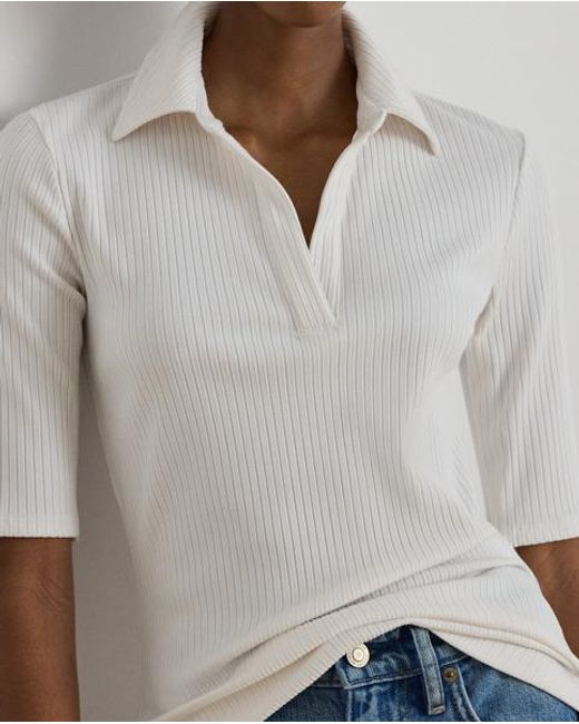 Ralph Lauren White Rib-Knit Elbow-Sleeve Polo Tee