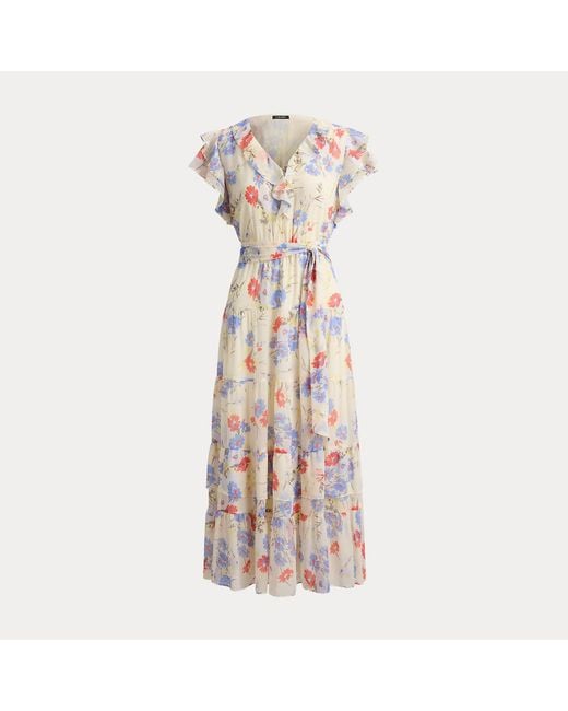 Ralph Lauren Natural Floral Belted Georgette Tiered Dress