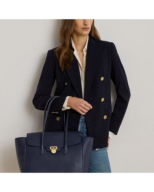 Ralph Lauren Blue Pebbled Leather Large Tanner Satchel