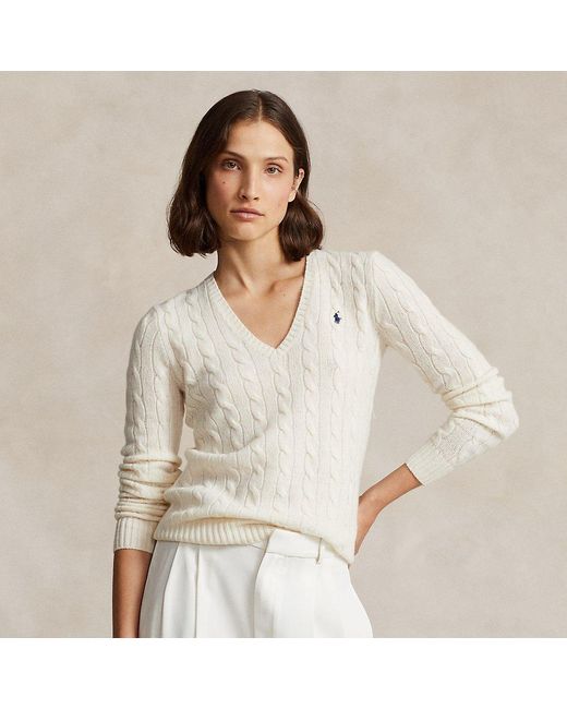 Polo Ralph Lauren Cable-knit Wool-cashmere V-neck Sweater in Natural | Lyst