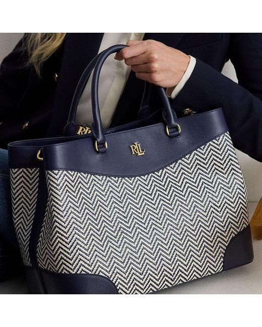 Ralph Lauren Blue Houndstooth Woven Large Marcy Satchel