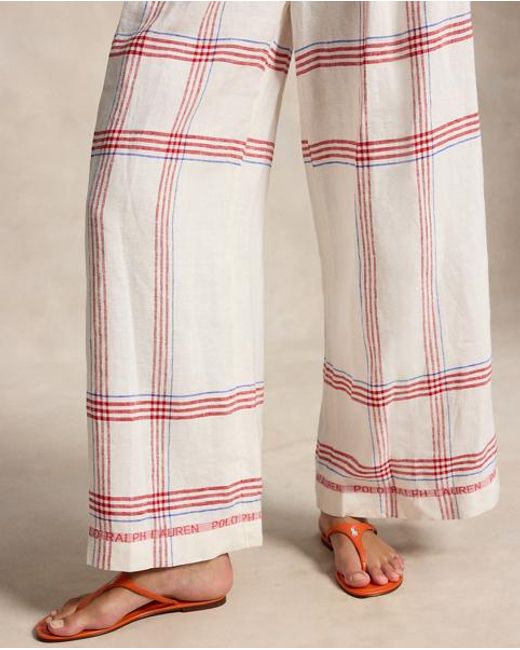 Polo Ralph Lauren Pink Plaid Linen Wide-Leg Cropped Trouser