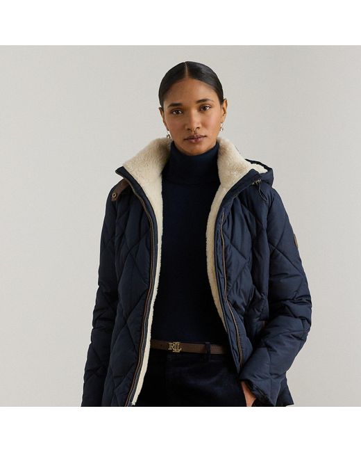 Ralph Lauren Blue Faux Leather-Trim Diamond-Quilted Jacket