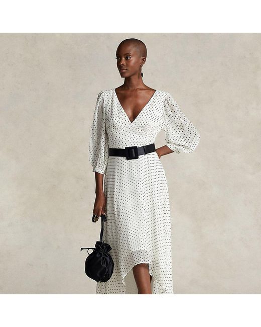 Polo Ralph Lauren Natural Gepunktetes Kleid aus Knittergeorgette