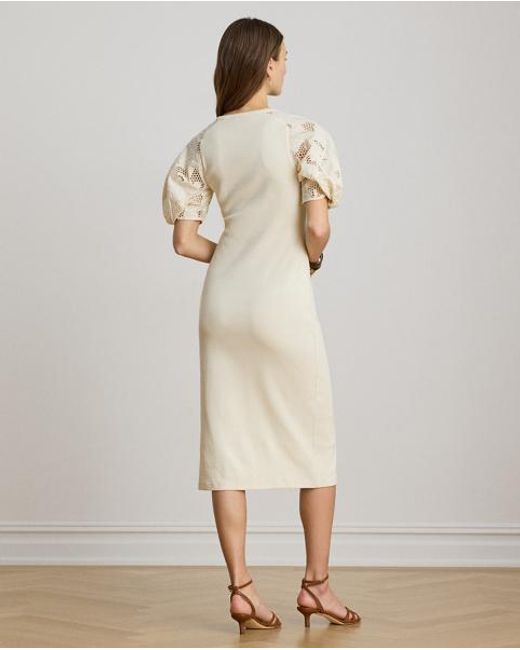 Ralph Lauren Natural Rib-Knit Cotton Eyelet-Puff-Sleeve Dress