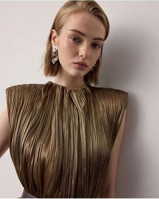 Ralph Lauren Brown Virna Pleated Lamé Cocktail Dress