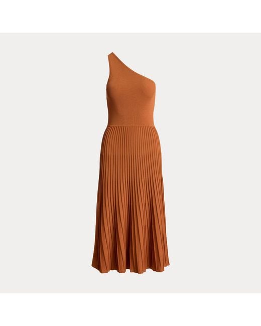 Ralph Lauren Brown Rib-Knit & Pleated One-Shoulder Dress