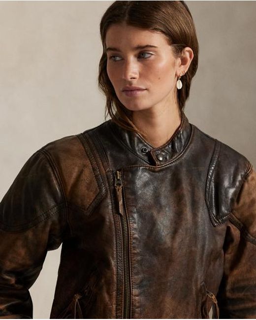 Polo Ralph Lauren Crackled Leather Moto Jacket in Brown | Lyst UK