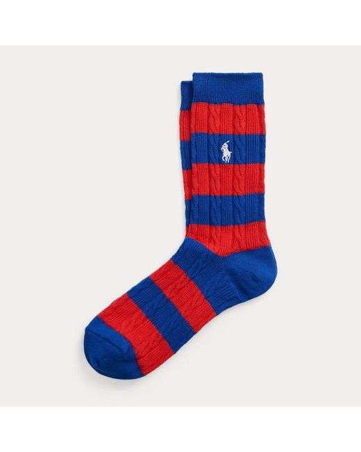 Polo Ralph Lauren Blue Rugby-stripe Cable-knit Crew Socks