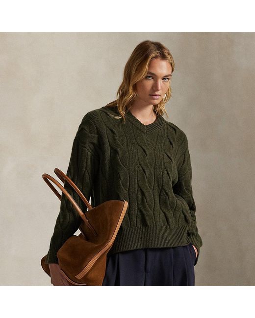 Polo Ralph Lauren Green Cable-Knit Wool-Cashmere V-Neck Sweater