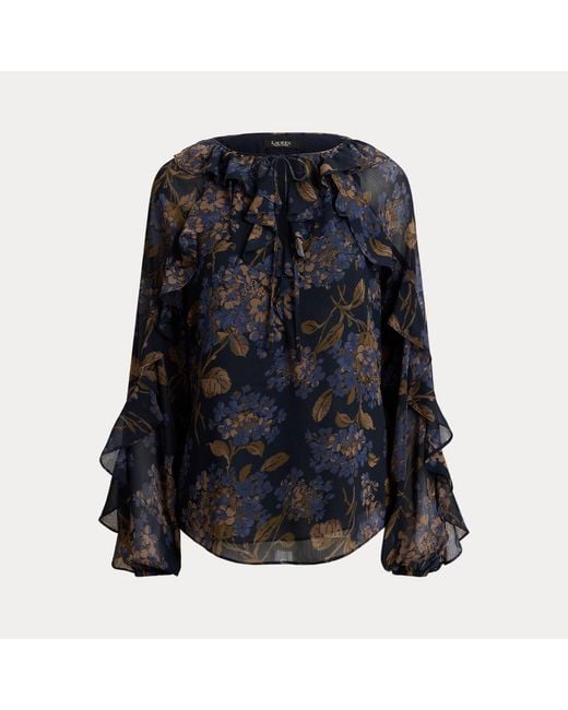 Ralph Lauren Black Ruffle-Trim Floral Georgette Blouse