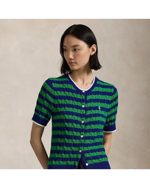 Polo Ralph Lauren Green Striped Cable-Knit Short-Sleeve Cardigan