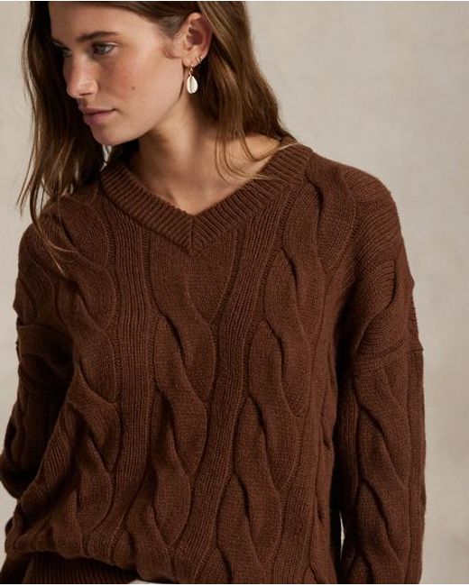 Polo Ralph Lauren Wollen-Kasjmier Kabeltrui Met V-Hals in het Brown