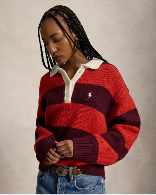 Polo Ralph Lauren Red Striped Wool-Blend Rugby Jumper