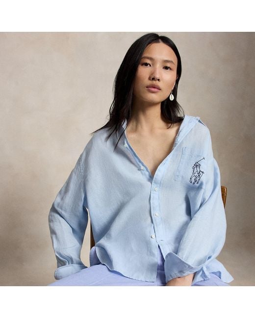 Polo Ralph Lauren Blue Oversize Fit Big Pony Linen Shirt