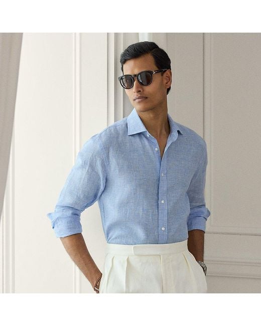 Camicia in lino micro pied-de-poule di Ralph Lauren in Blue da Uomo