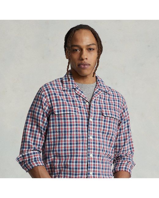 Ralph Lauren Cotton Classic Fit Indigo Plaid Camp Shirt in Red/Blue