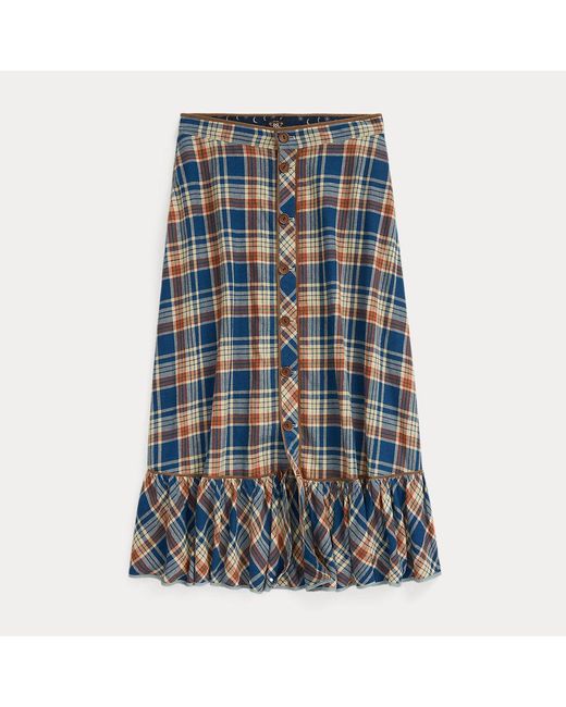 RRL Blue Indigo Plaid Cotton-linen Skirt