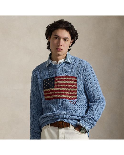 Ralph Lauren Blue Aran-Knit Flag Jumper for men