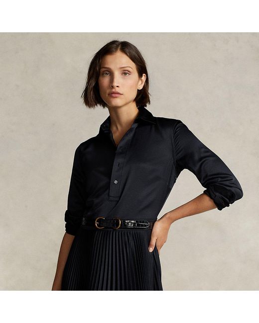 Ralph Lauren Pleated-skirt Charmeuse Midi Shirtdress in Black | Lyst