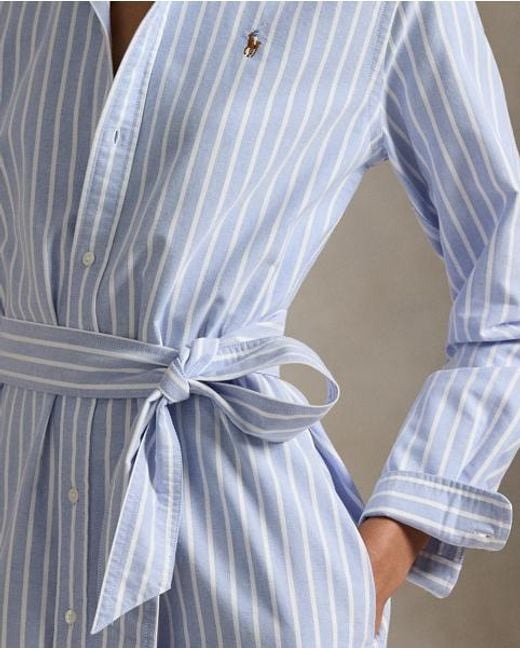 Polo Ralph Lauren Blue Striped Cotton Oxford Belted Shirt Dress
