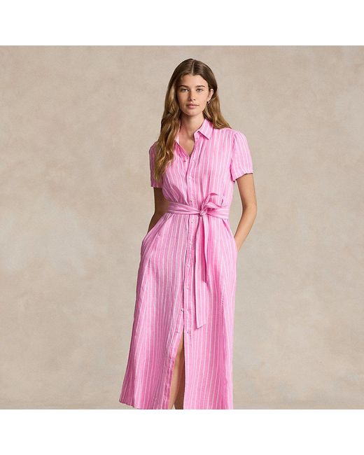 Ralph Lauren Pink Belted Striped Linen Shirtdress