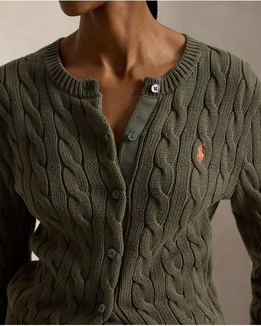 Polo Ralph Lauren Green Cable-Knit Cotton Crewneck Cardigan