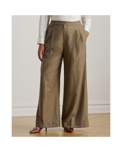 Ralph Lauren Natural Ralph Lauren Pleated Wool Herringbone Wide-Leg Pant