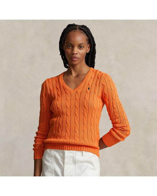 Maglia in cotone a trecce con scollo a V di Polo Ralph Lauren in Orange