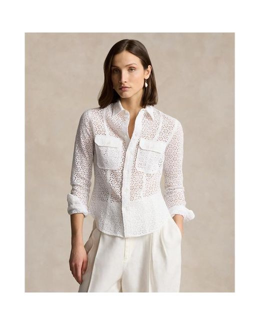 Polo Ralph Lauren White Leinenhemd mit Lochstickerei