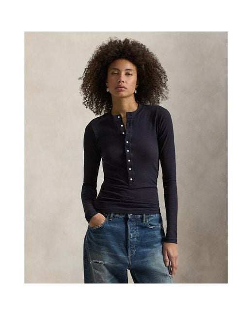 Maglietta serafino a coste in cotone di Ralph Lauren in Blue