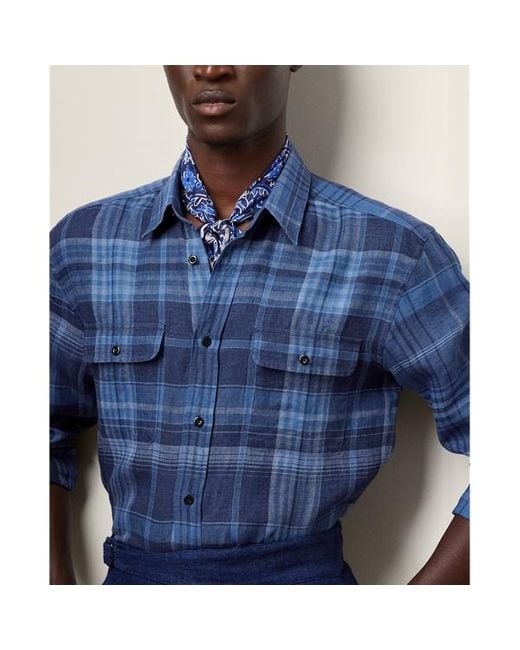 Ralph Lauren Purple Label Blue Plaid Linen Shirt for men