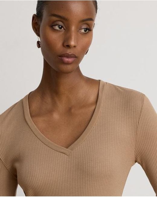 Ralph Lauren Natural Rib-Knit Long-Sleeve V-Neck Top