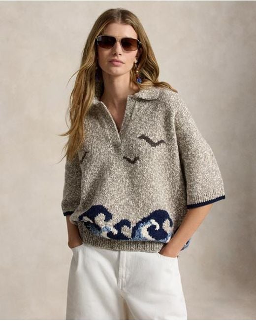 Polo Ralph Lauren Brown Wave-Motif Wool-Blend Jumper