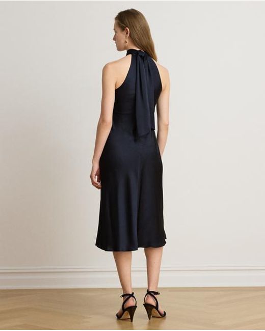 Ralph Lauren Blue Charmeuse Tie-Back Halter Cocktail Dress