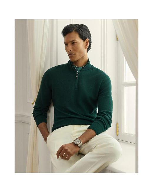 Ralph Lauren Green Piqué-Knit Wool Quarter-Zip Jumper for men