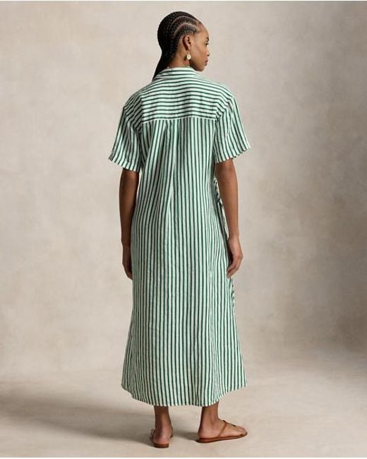 Polo Ralph Lauren Green Striped Linen-Cotton Drawcord Shirtdress