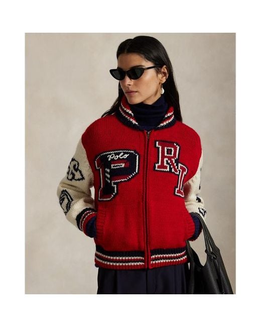 Cardigan con zip e lettere in misto lana di Polo Ralph Lauren in Red