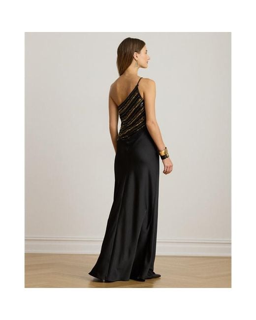 Ralph Lauren Black Beaded Mesh & Satin One-Shoulder Gown