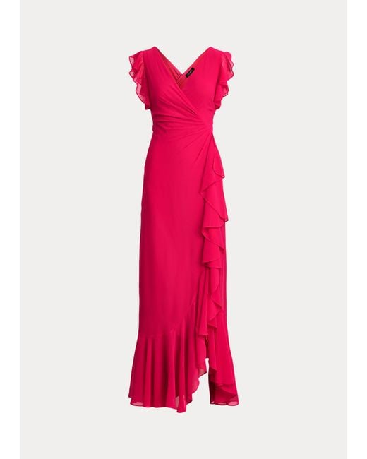 Robe de soirée georgette à volants Ralph Lauren en coloris Pink