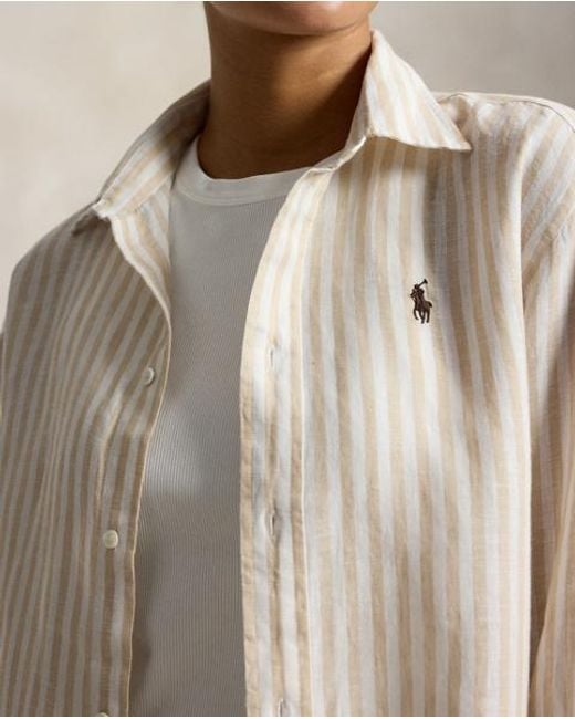 Polo Ralph Lauren White Wide Cropped Gingham Linen Shirt