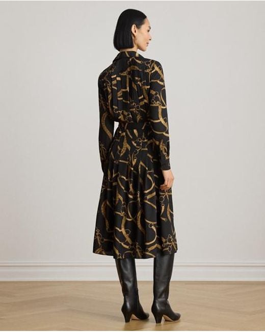 Ralph Lauren Black Belting-Print Pleated Crepe Shirtdress