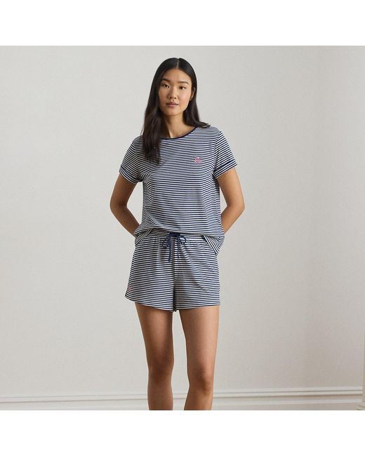 Ralph Lauren Blue Striped Cotton-Blend Jersey Boxer Pj Set