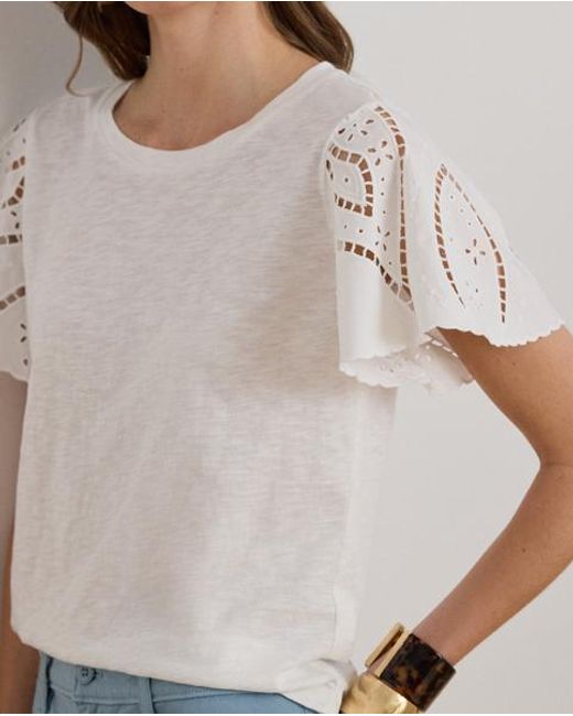 Ralph Lauren White Eyelet Cotton Jersey & Broadcloth Top