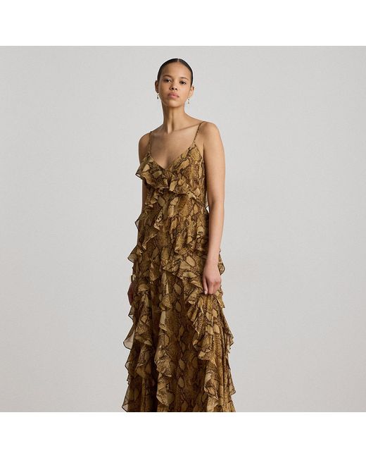 Ralph Lauren Metallic Python-Print Ruffle-Trim Georgette Gown